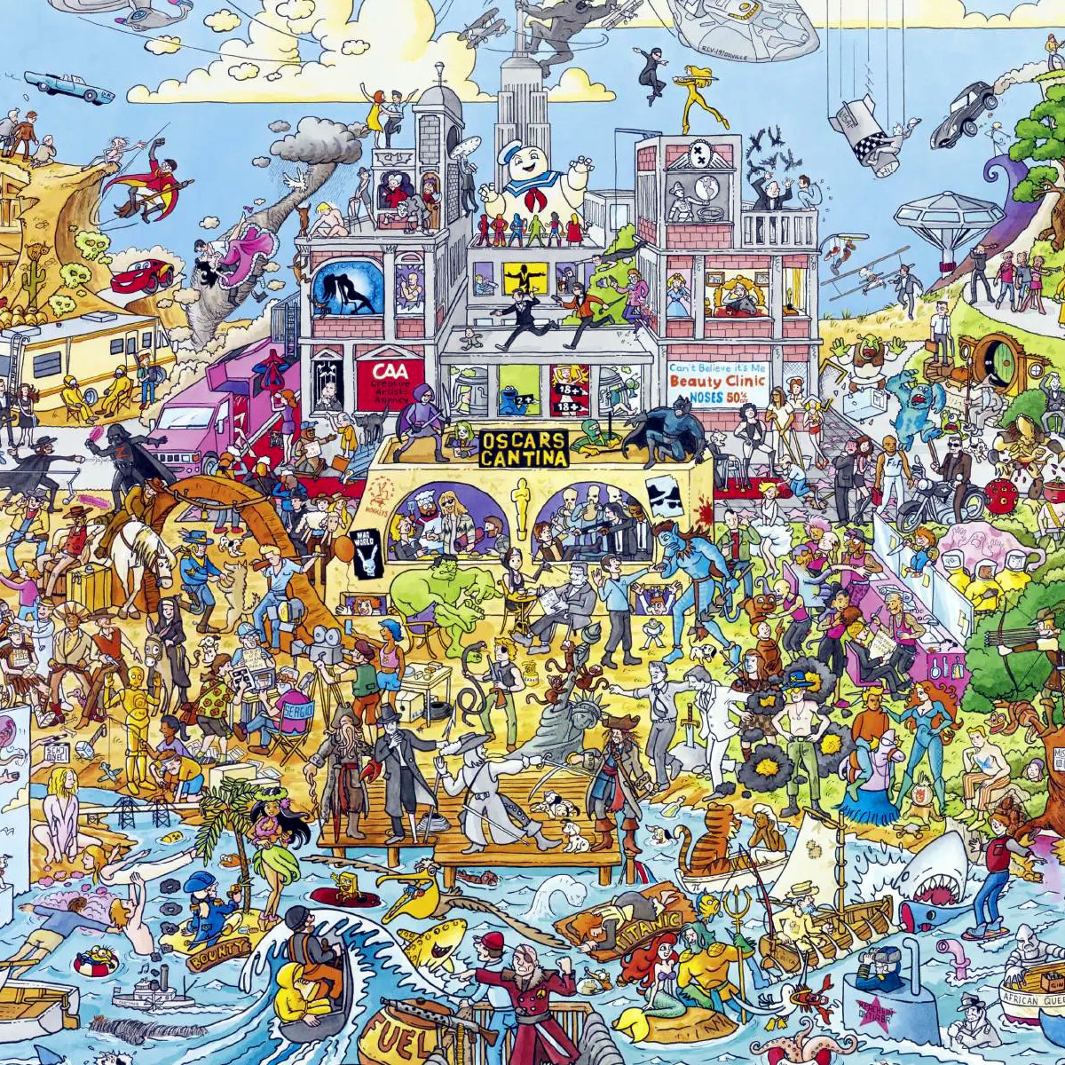 Dense illustration of cartoon characters crowding a beach with flying objects and creatures filling the sky above