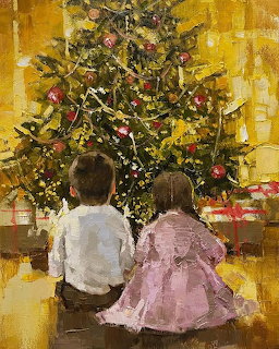 Painting of two children seated in front of a decorated Christmas tree