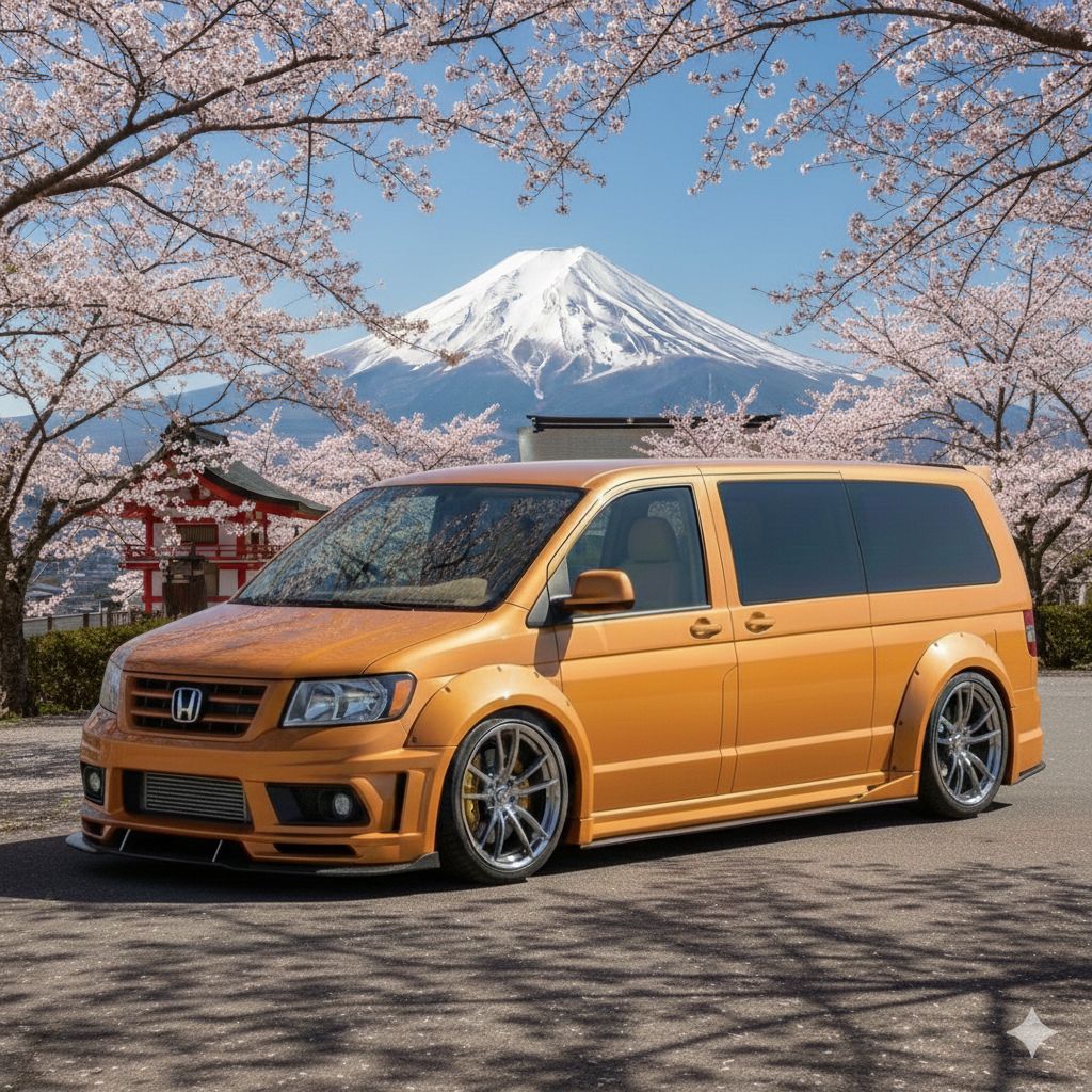 Orange Honda minivan under cherry blossoms with Mount Fuji behind