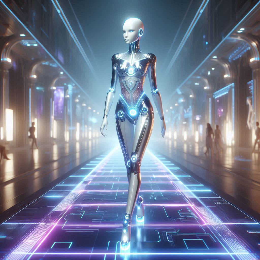 Metallic humanoid android walking on illuminated geometric floor in futuristic neon corridor