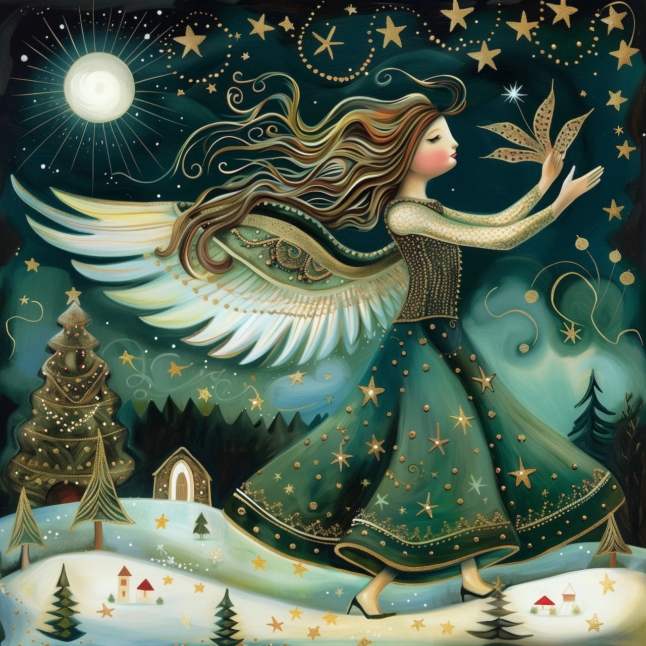 Angel with wings and flowing hair above snowy Christmas village with stars and trees