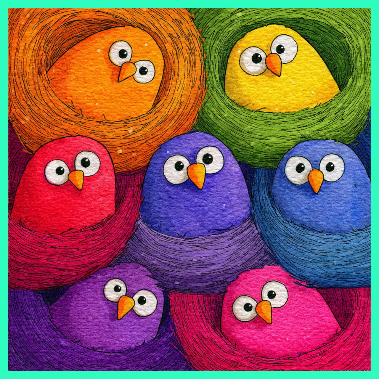 Seven colorful cartoon birds with large eyes sitting in rainbow-colored circular nests with swirled texture