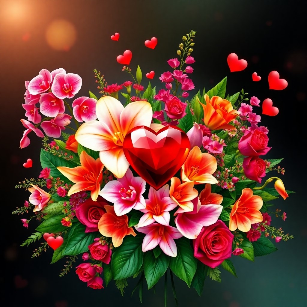 Colorful bouquet of pink roses, white lilies, orange flowers with red hearts floating around on dark background