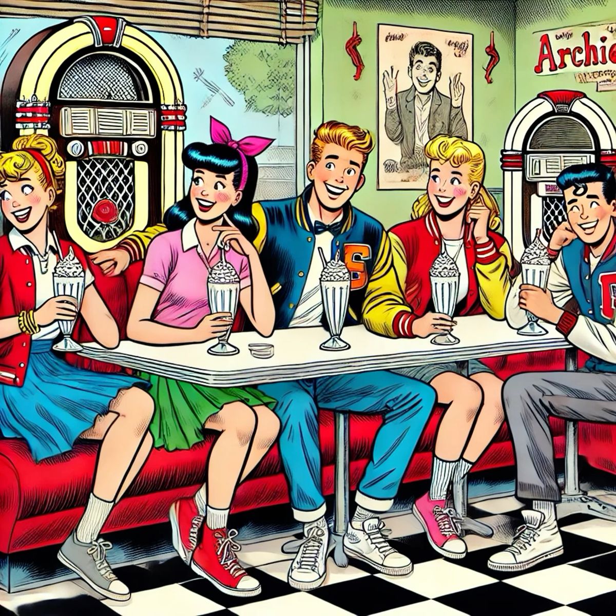 Five cartoon teenagers in a retro diner booth with milkshakes and jukebox