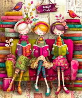 Colorful illustration of three girls reading books on a pink sofa with stacks of books and small birds