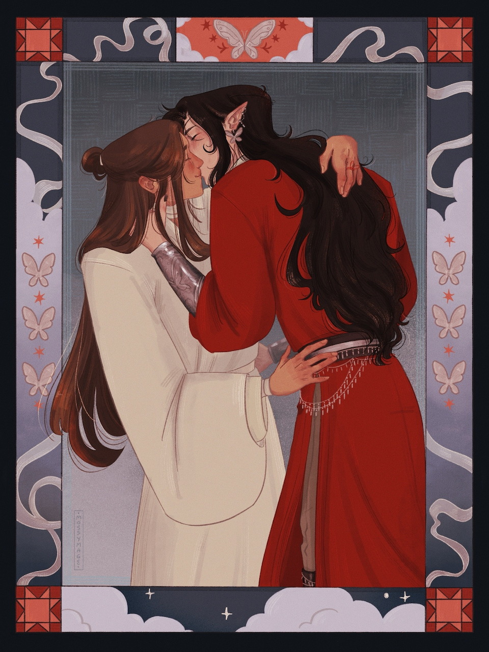 Two long-haired figures in white and red robes embracing in a decorative illustrated frame with butterflies