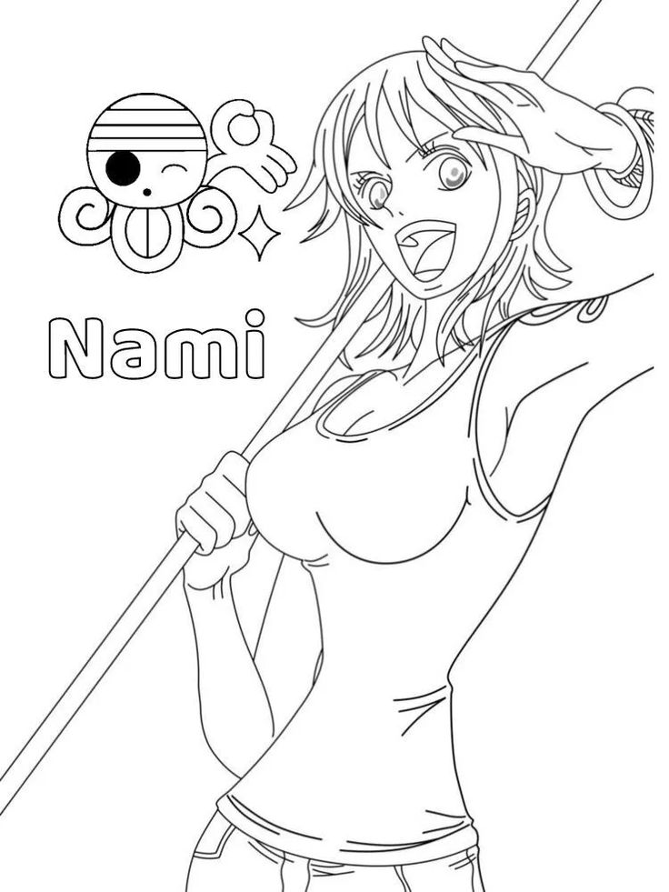 Black and white line drawing of Nami from One Piece anime holding her staff