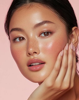 Close-up portrait of a woman with glowing dewy skin and natural makeup on a pink background
