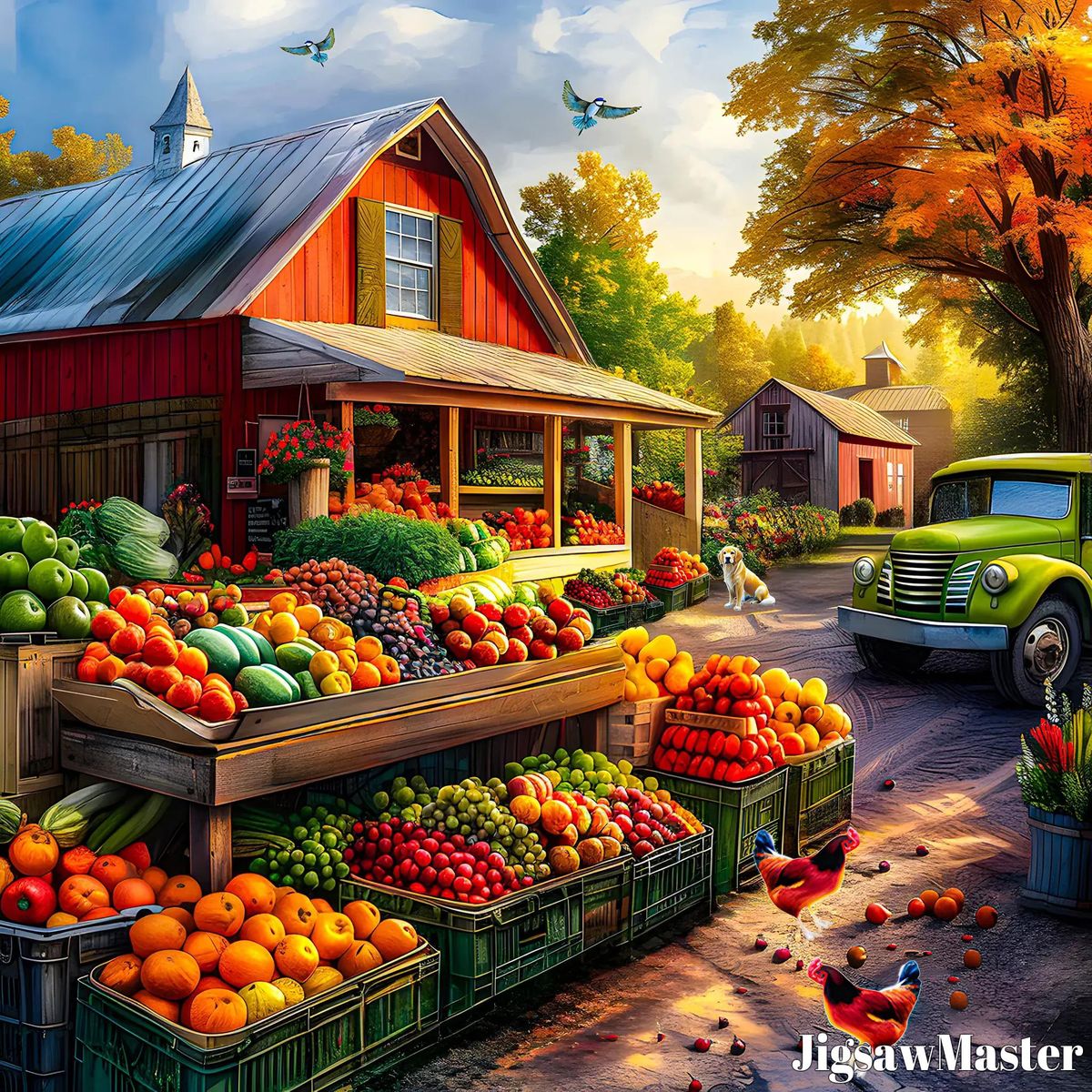 Farm produce stand with vegetables and fruits in front of red barn in autumn setting