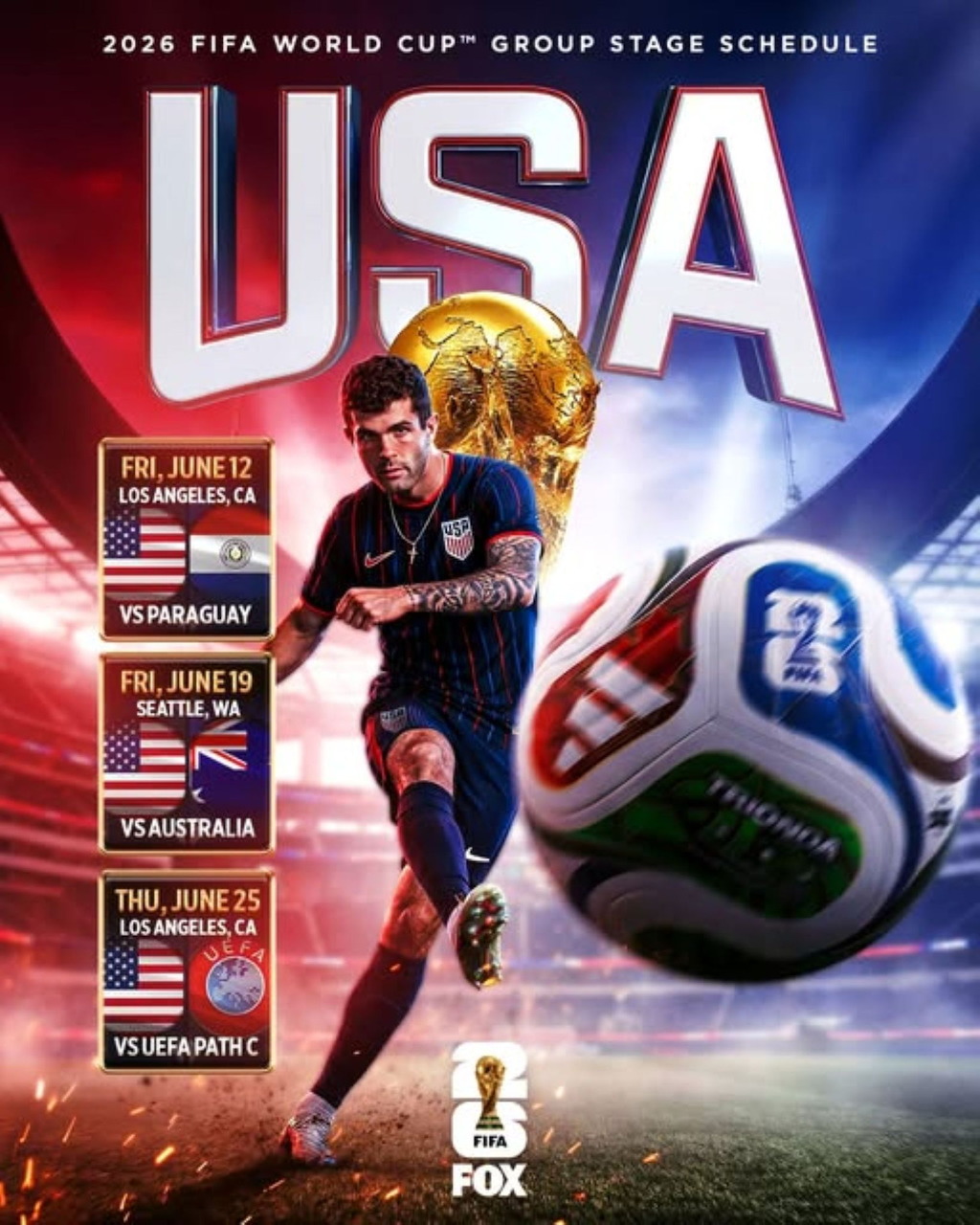Soccer poster with USA text, a player kicking a ball, and a 2026 World Cup group stage schedule
