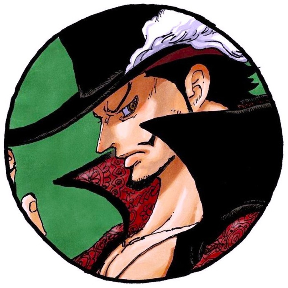 Anime character Mihawk from One Piece in profile view wearing black hat with white feather and red ornate collar