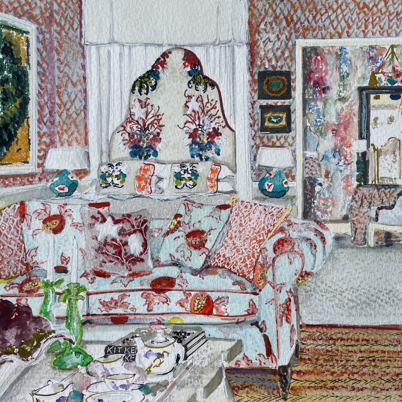 Watercolor painting of ornate Victorian room with floral patterns, decorated fireplace, and vintage furniture