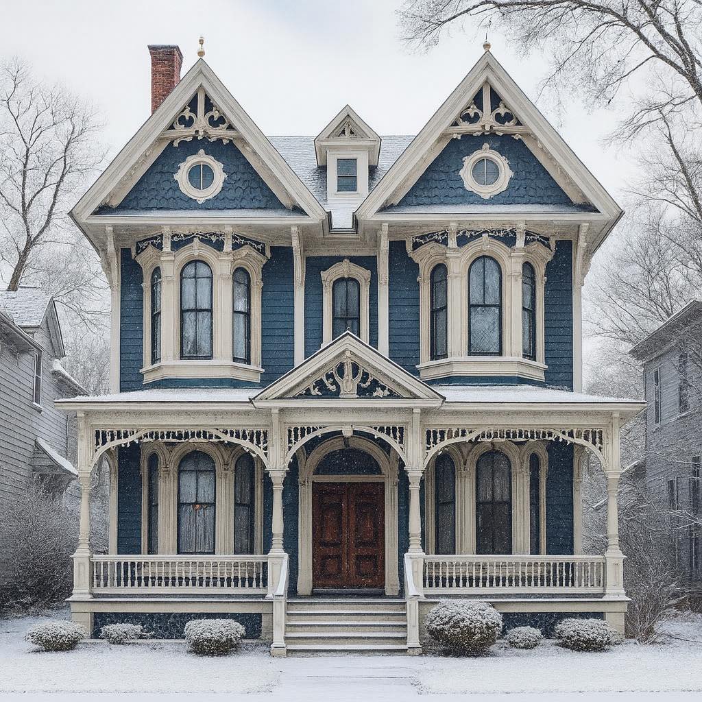 Blue Victorian house with white trim and decorative porch in snowy setting