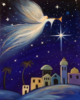 Watercolor angel with flowing wings flying over Bethlehem buildings toward bright star in night sky