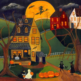 Halloween folk art scene with witch flying past orange moon over village with glowing houses, cats, ghost, and pumpkins