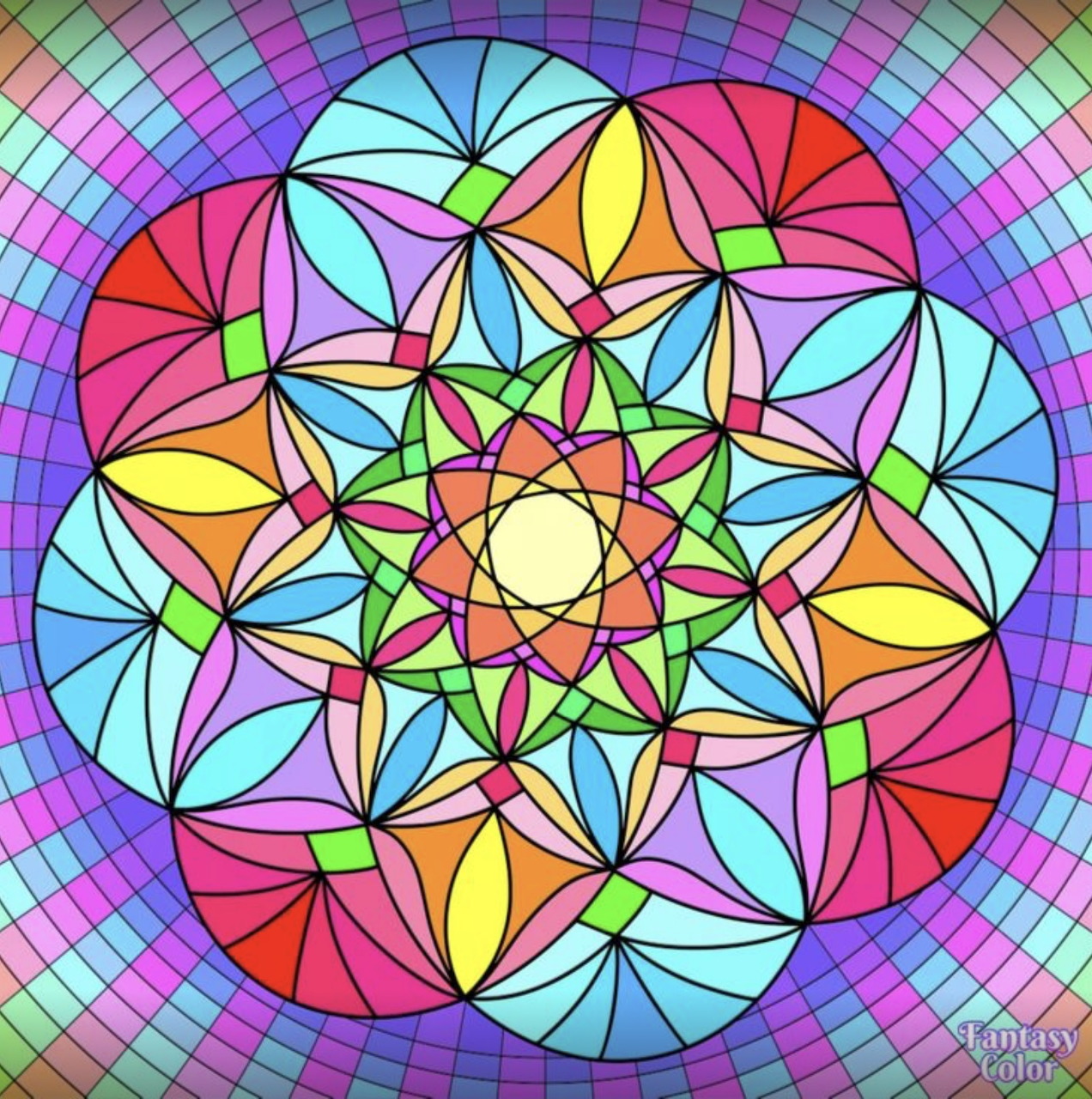Colorful stained glass mandala with layered geometric flower patterns