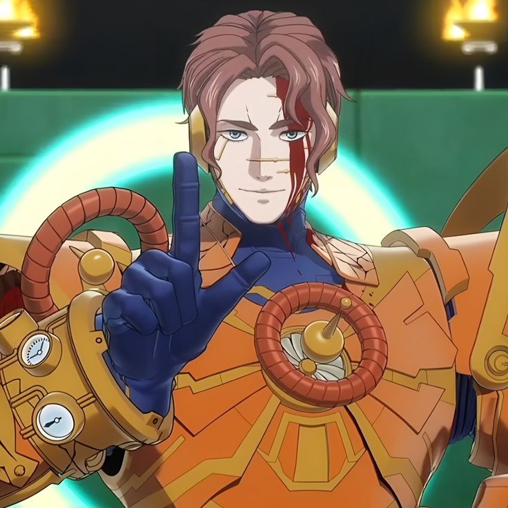 Anime character in elaborate golden mechanical armor with gears and ornate design