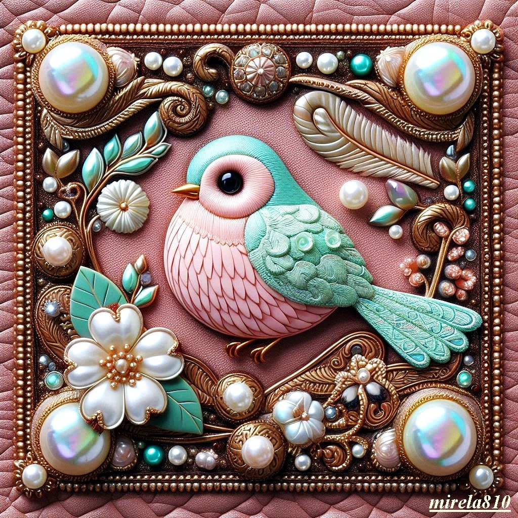 Ornamental bird sculpture with pink and turquoise feathers framed by pearls and floral elements