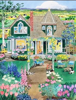 Painting of a cottage with blooming flower gardens, a path, outdoor chairs, and cats in the yard