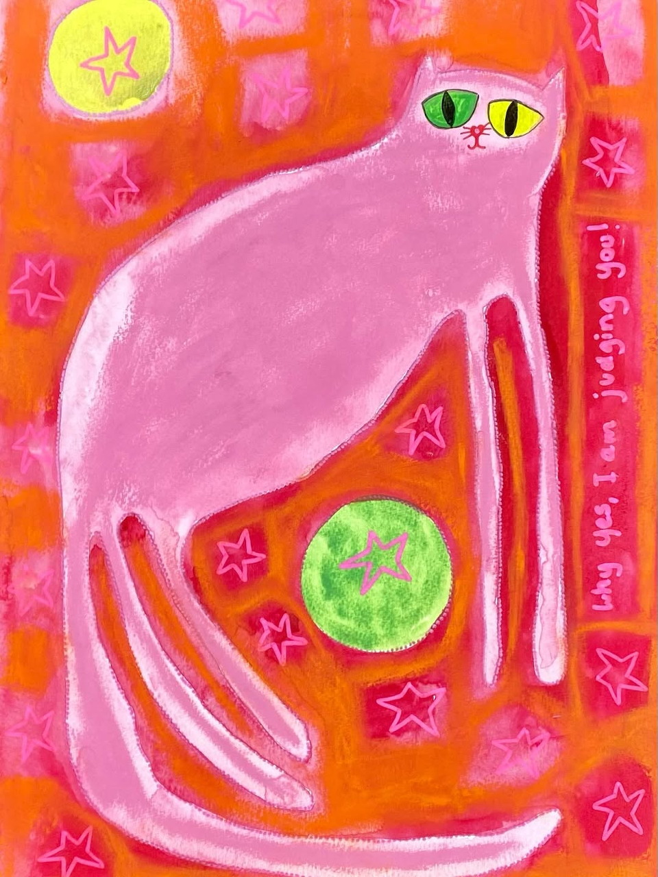 Pink cat with green eyes in colorful naive art style on orange background with stars