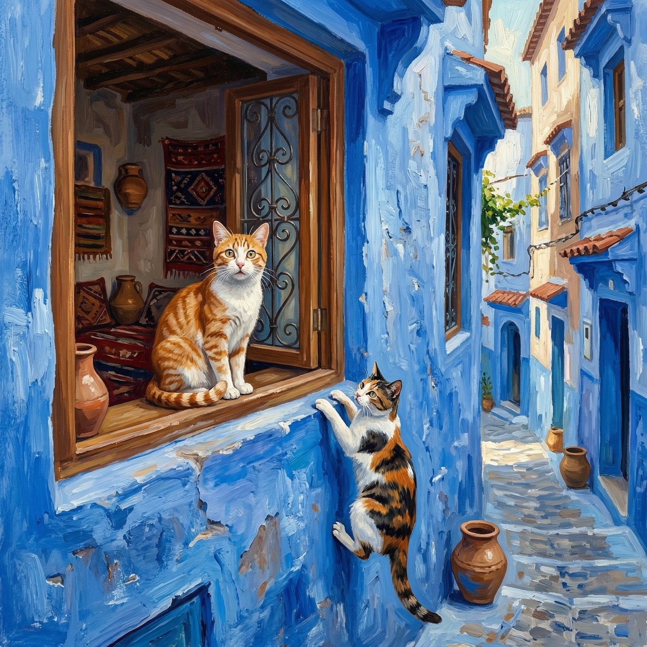 Two cats in a bright blue alley, one sitting in a window and one climbing a wall