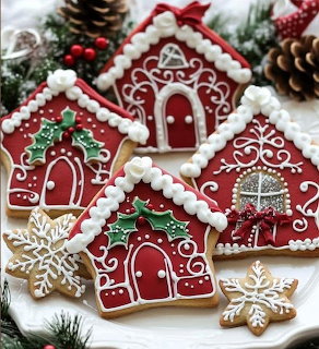 Gingerbread house cookies decorated with white icing on plate with pine cones and snowflakes