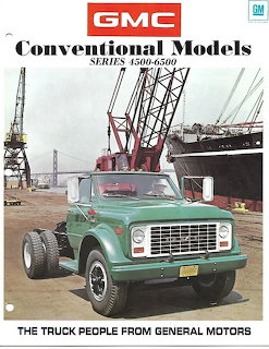 1971 GMC Conventional Models Series 4500-6500 green truck advertisement with industrial background