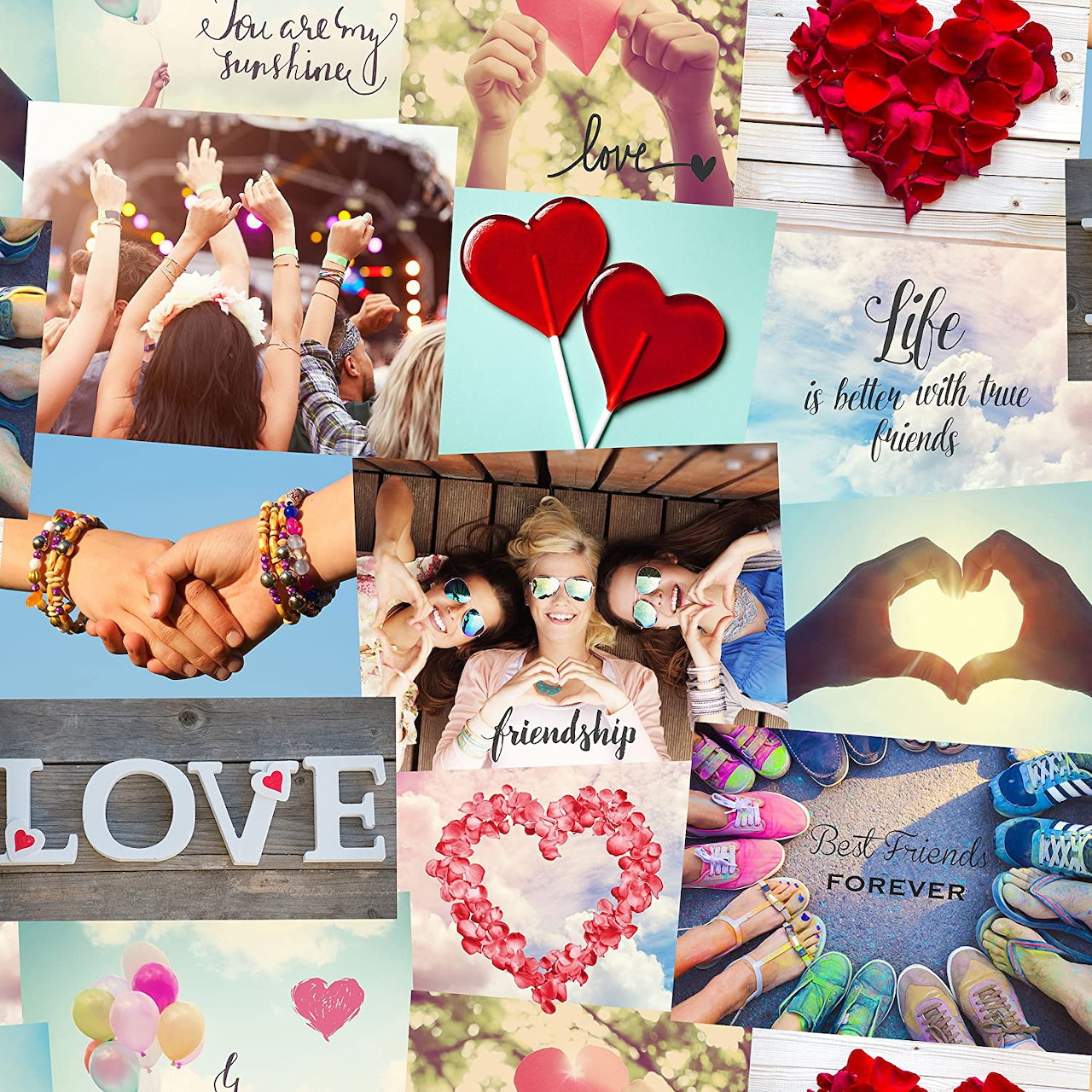 Valentine-themed collage with heart shapes, friendship photos, balloons, and love quotes