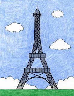 Colored pencil drawing of the Eifel Tower with blue sky, white clouds, and green grass