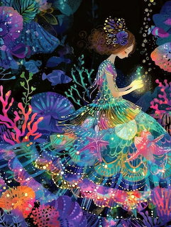 Glowing mermaid swimming in colorful underwater scene with coral, jellyfish and tropical fish