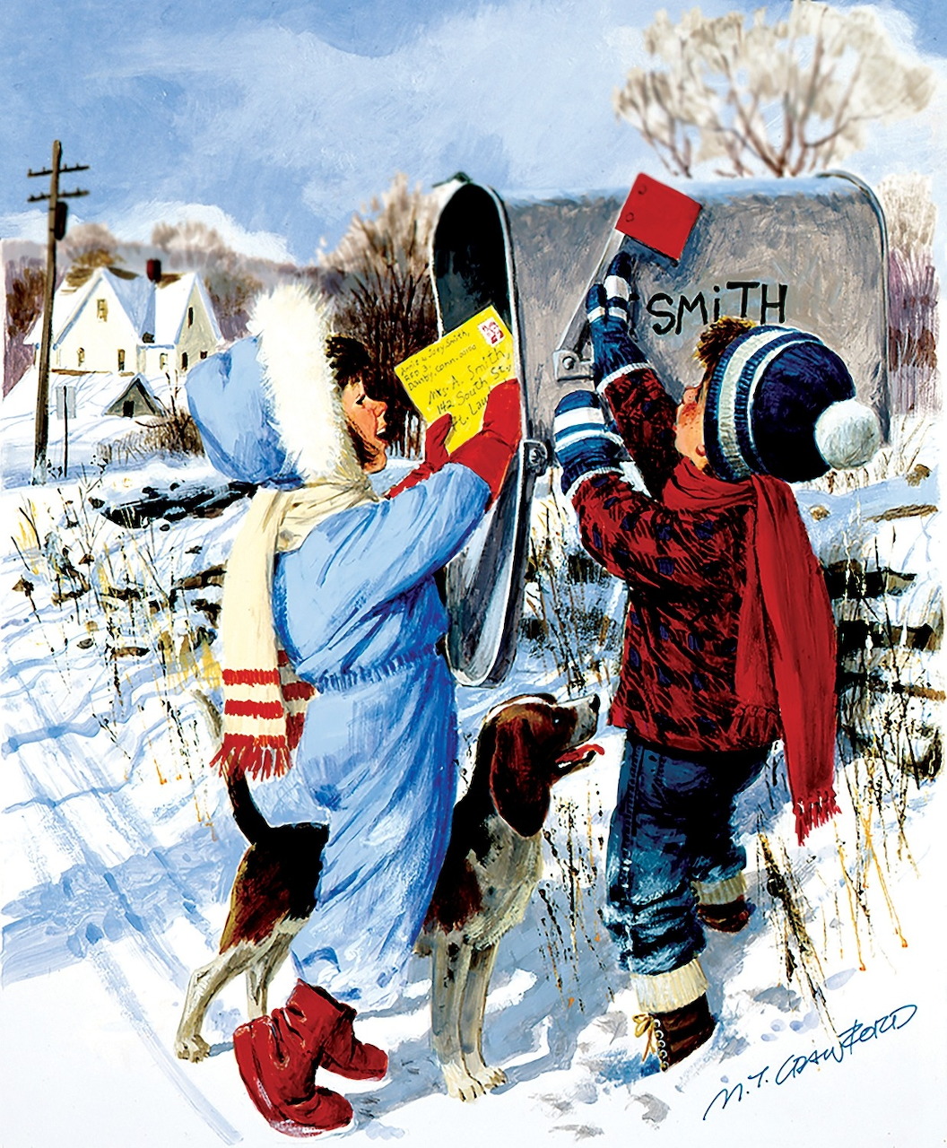 Two children at a snow-covered mailbox, one holding a letter, with a winter farm scene behind them