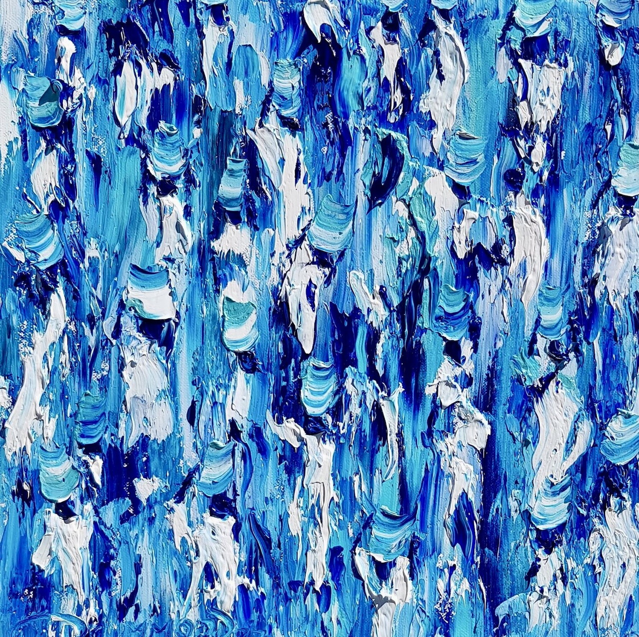Abstract painting with vertical blue and white brushstrokes creating a textured pattern