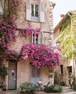 Old stone house facade covered in pink bougainvillea with blue shutters and a small courtyard