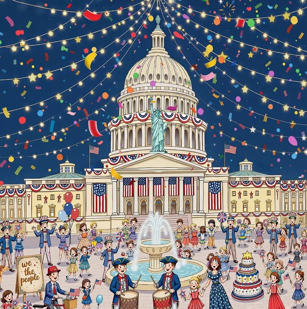 Illustrated Capitol Building at night with celebrating crowd, fireworks, and patriotic decorations