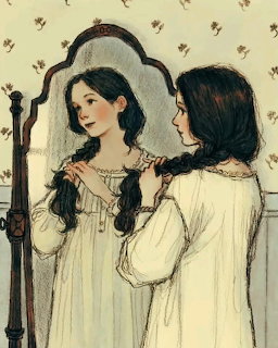 Girl with braids in white nightgown looking into an antique mirror with floral wallpaper background