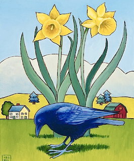 Blue crow in grass with yellow daffodils and barn in background
