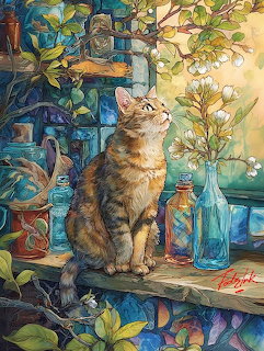 Watercolor painting of tabby cat on shelf with blue glass bottles and decorative tiles