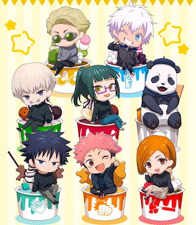 Chibi Jujutsu Kaisen characters sitting on colorful dripping paint buckets with stars in background