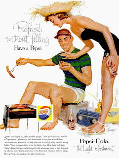 Vintage Pepsi ad illustration of couple at beach with cooler and refreshments