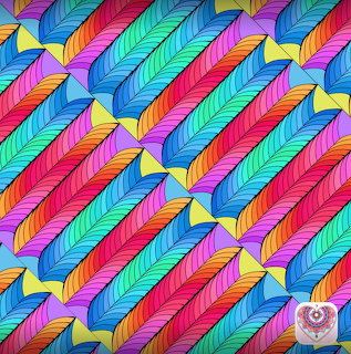 Colorful repeating diagonal feather pattern in rainbow colors with geometric diamond shapes