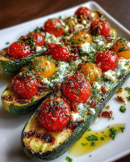 Grilled courgette halves with cherry tomatoes, cheese, herbs, and olive oil on a white plate