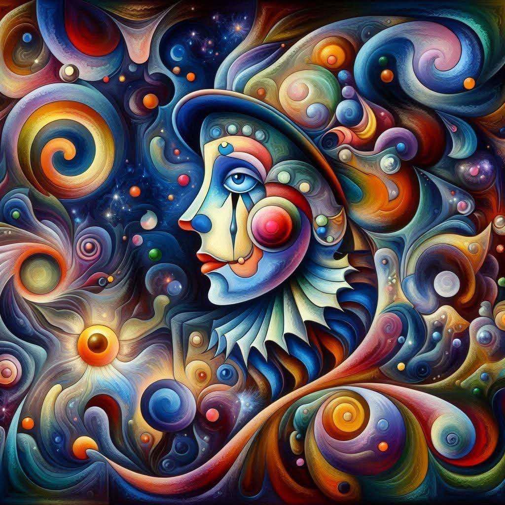 Abstract face surrounded by colorful swirling patterns and spheres in blue, orange, and yellow tones