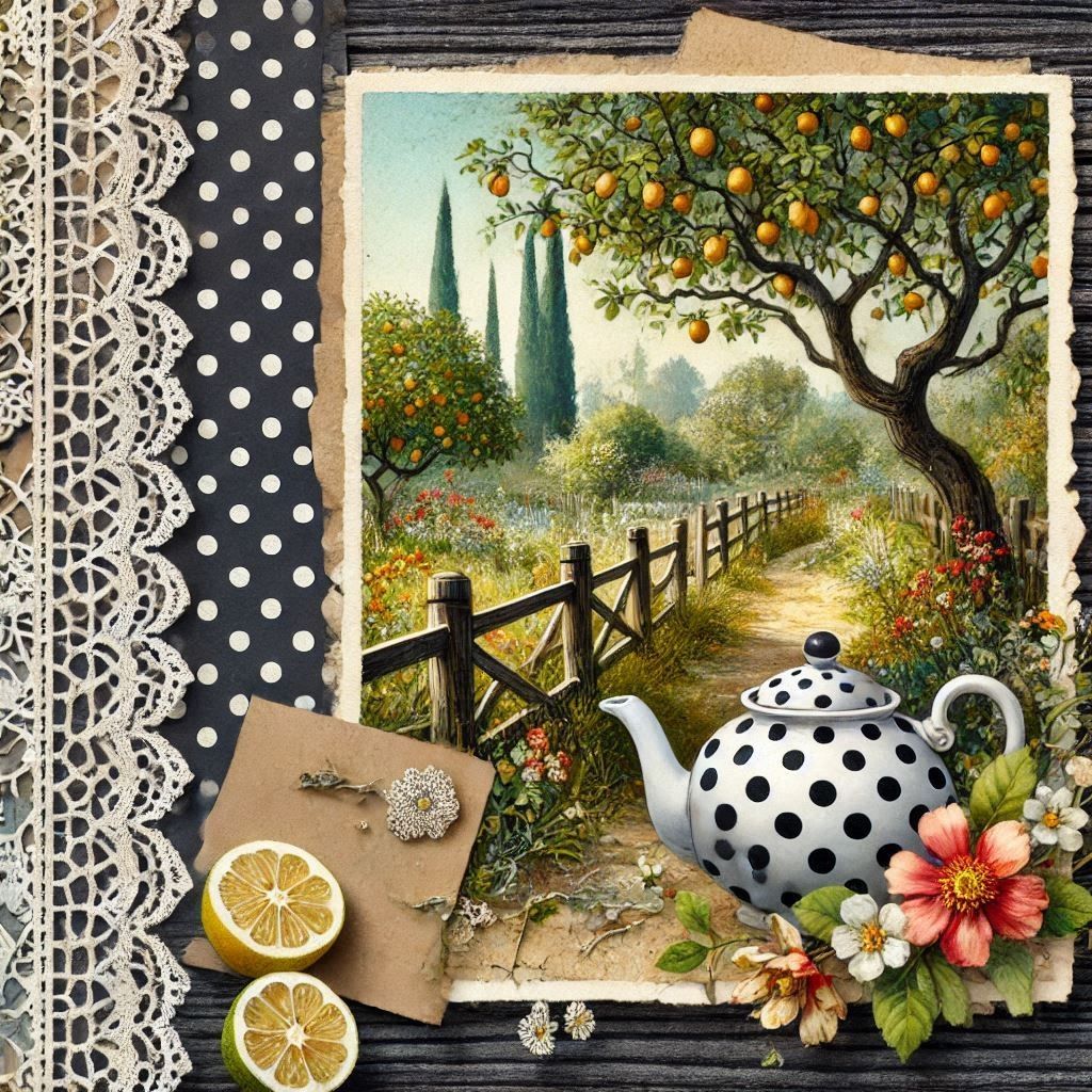 Collage with Tuscan landscape painting, polka dot teapot, lace, dried lemon slices, and flowers on checkered background