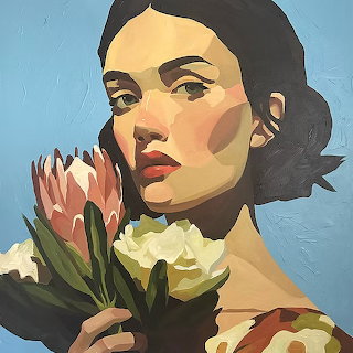 Stylized portrait of a woman holding pink and white flowers against a blue background