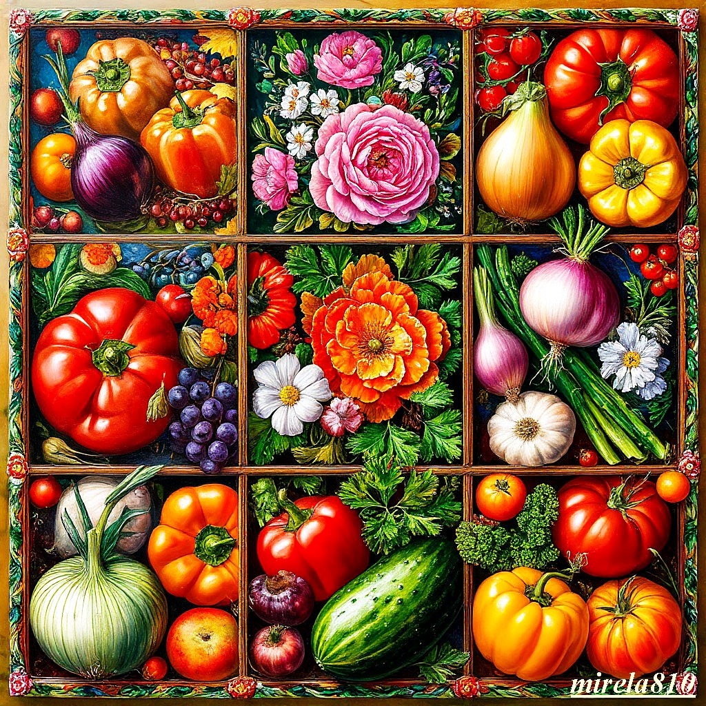 Garden Vegetables and Flowers Collage