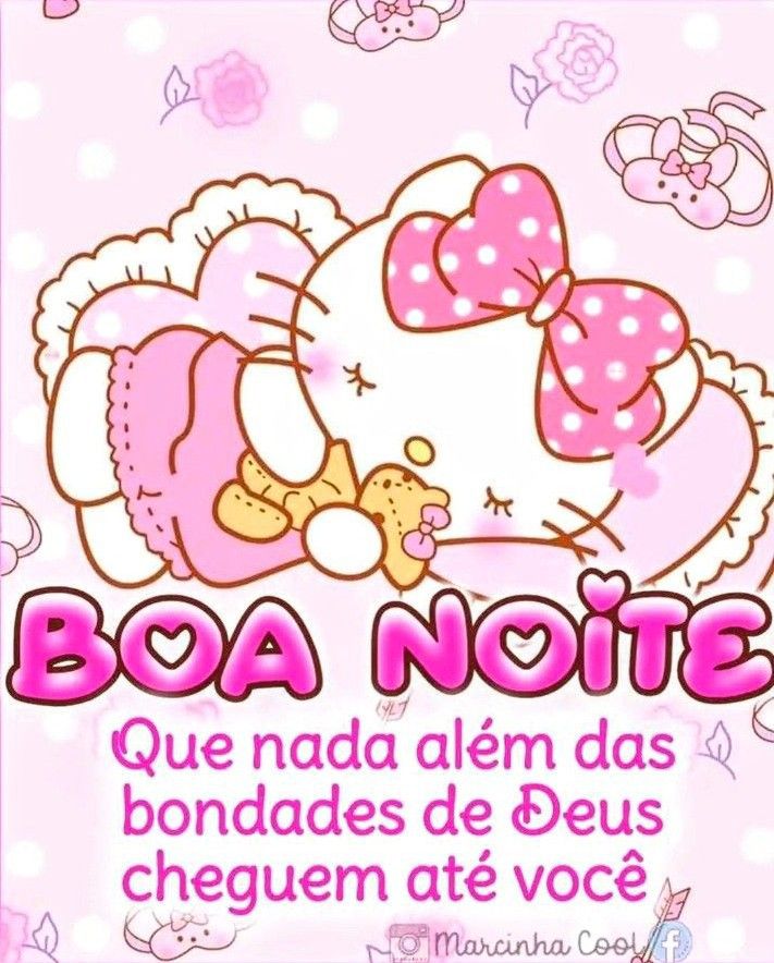 Hello Kitty with pink bow saying good night in Portuguese on pink background with stars and flowers