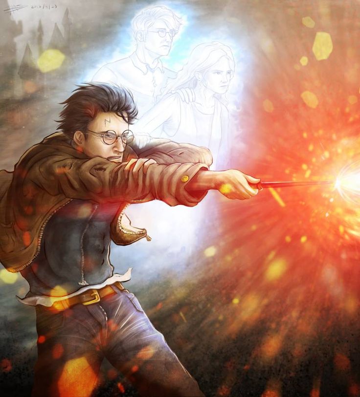 Young wizard with glasses dramatically casting a bright orange fire spell from his wand in a fantasy battle scene