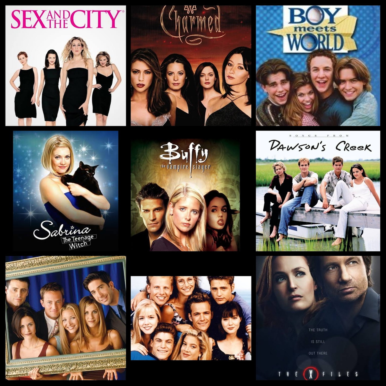 Square collage of nine TV show posters with cast portraits arranged in a grid