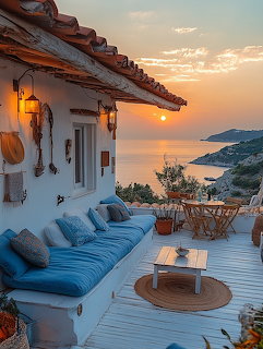 White coastal terrace with blue seating at sunset overlooking ocean and hills