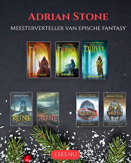 Collection of Adrian Stone fantasy book covers arranged on dark background with white flower decorations at bottom